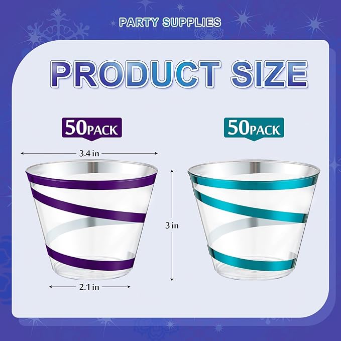 Gejoy 9 oz Rimmed Swirl Plastic Cups Disposable Wine Drinking Cups Clear Elegant Halloween Tumblers for Christmas Party Supplies(Purple, Blue,100 Pcs)