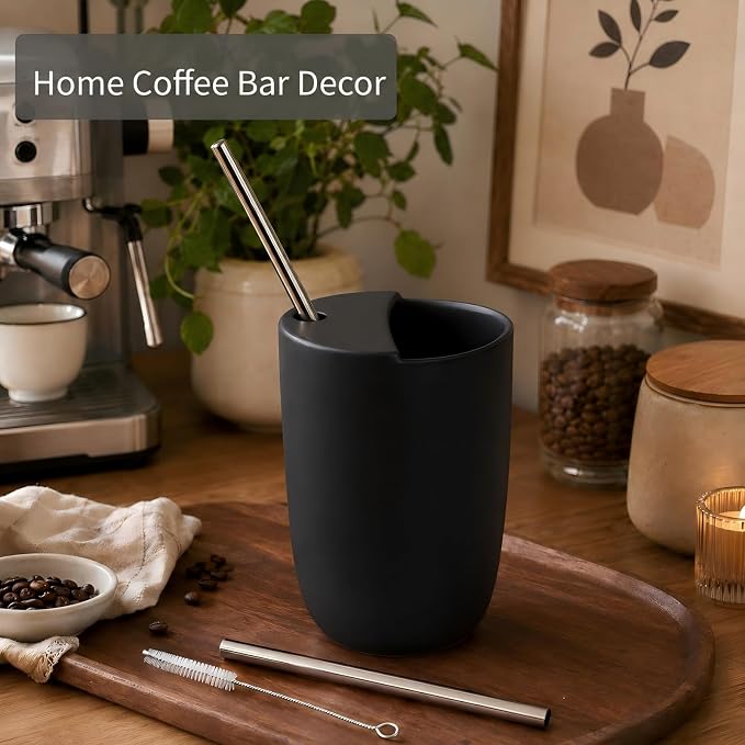 1 Pack Ceramic Coffee Mug with Sip Hole 9.5oz Retro Espresso Cup with Straw and - Image 3