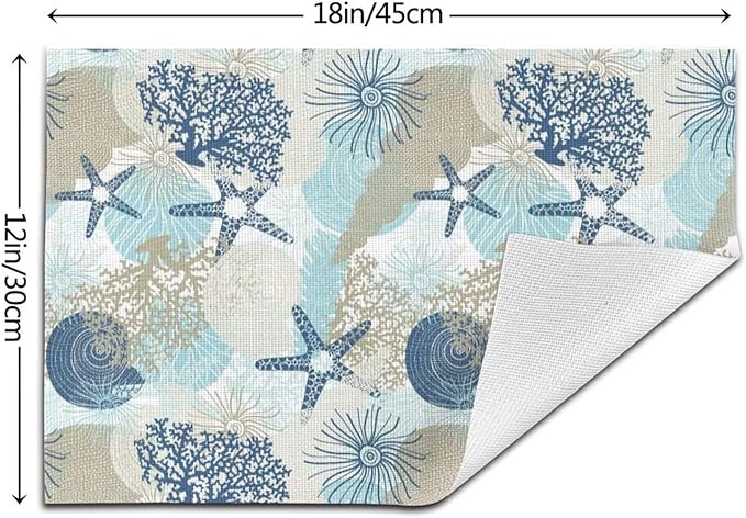 Placemats Set of 4 Aqua Blue Nautical Place Mats Coastal Beach Theme Coral Starfish Woven Table Mats Washable Blue Coral PVC Placemat for Dining Kitchen Decor Indoor Outdoor, 12 x 18 Inch
