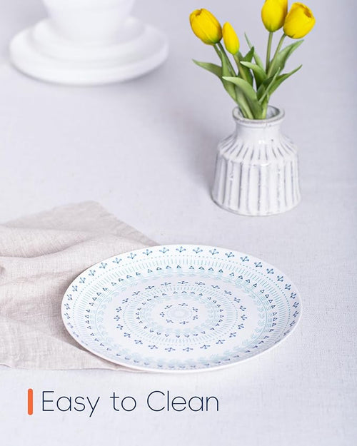 10.5 inch Dinner Plate Set of 6, Lightweight Round Opal Glass Dinnerware Plates, Dishwasher and Microwave Safe, Navy Geometric Floral Mandala Pattern
