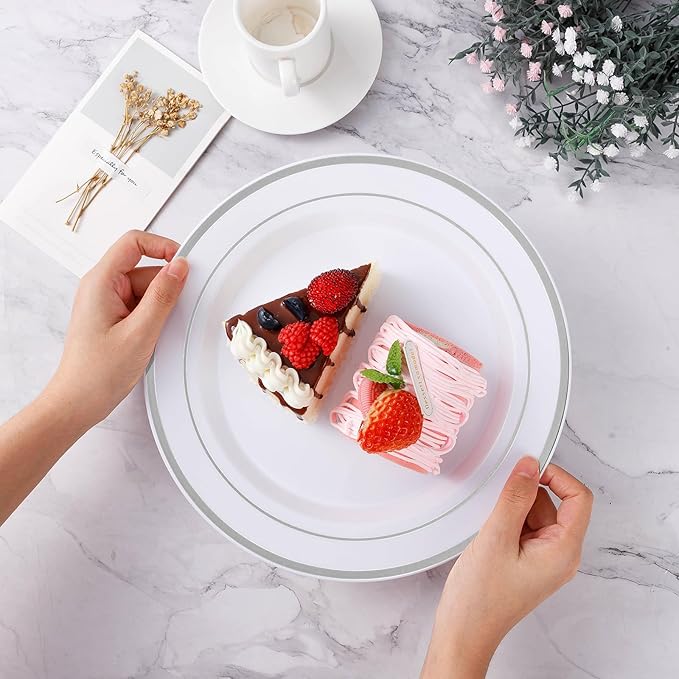 BESTVIP 50Pcs Silver Plastic Plates, 10.25 Inch Disposable Party Plates | Heavy - Image 3