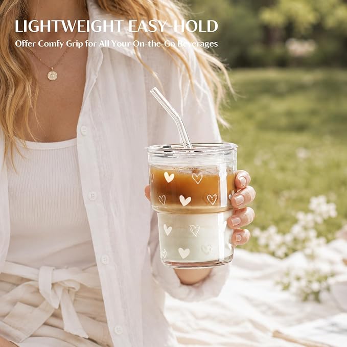 INSETLAN 13 oz Heart Decal Glass Tumblers Set of 2, Thick Wall Glass Cups - Image 9