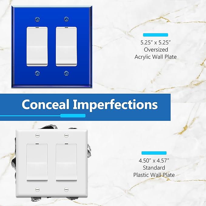 LIDER Double Decorator Wall Plate, Impact Resistant, Mirrored, Plexiglass Dual Outlet Cover or Light Switch Cover, Acrylic, Reflective Finish, Modern, Oversized 2-Gang 5.25" x 5.25", Blue, 5 Pack