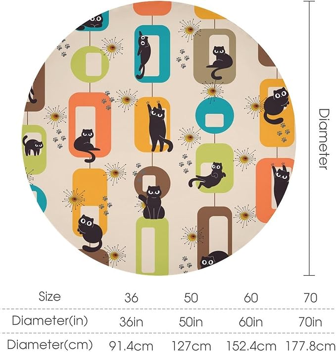 Bohemian Black Cat Round Tablecloth, Rustic Vintage Mid Century Geometric Tablecloth for Home Party Dining Room Kitchen Decor 50Inch(127cm)