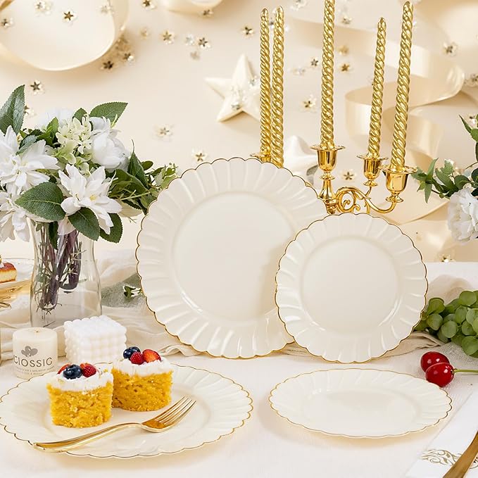 YOUBET 175PCS Ivory Scalloped Plastic Plates - Gold Disposable Dinnerware Set Include 50 Plates, 75 Gold Silverware, 25 Cups, 25 Napkins for Party & Wedding