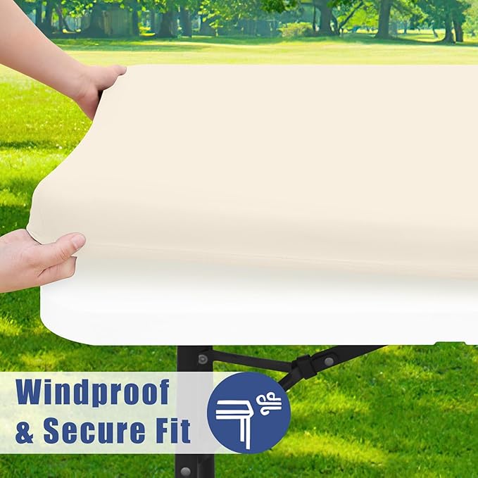 Spandex 8 Foot Rectangle Table Cloth 2 Pack, Elastic Fitted Tablecloths for Picnic, Stretch Washable Patio Table Cover for Outdoor, Camping, Banquet and Parties (Champagne, 36"x96")