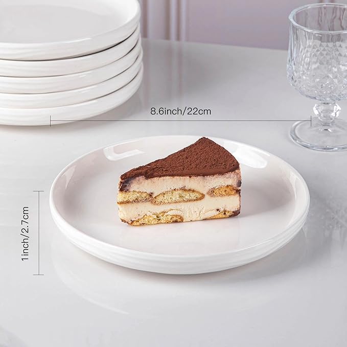 White Salad Plates Set of 6, 8 Inch Small Ceramic Ribbed Texture Dinner Plates, Kitchen Serving Dishes for Appetizer, Dessert, Microwave & Dishwasher Safe, Scratch Resistant