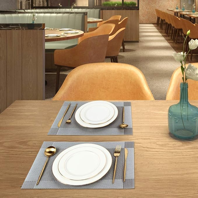 DACHUI Placemats Set of 6, Linen Look Woven Place Mats, Water Resistant, Heat Resistant, Washable, Durable Table Mats (Silver Grey)