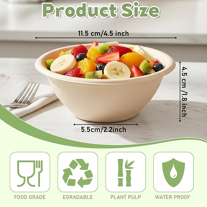 200 Pcs 8 Oz Compostable Disposable Paper Bowls, Natural Sugarcane Bowls Eco-Friendly Soup Bowl for Ice Cream Desserts Salads Pet Food