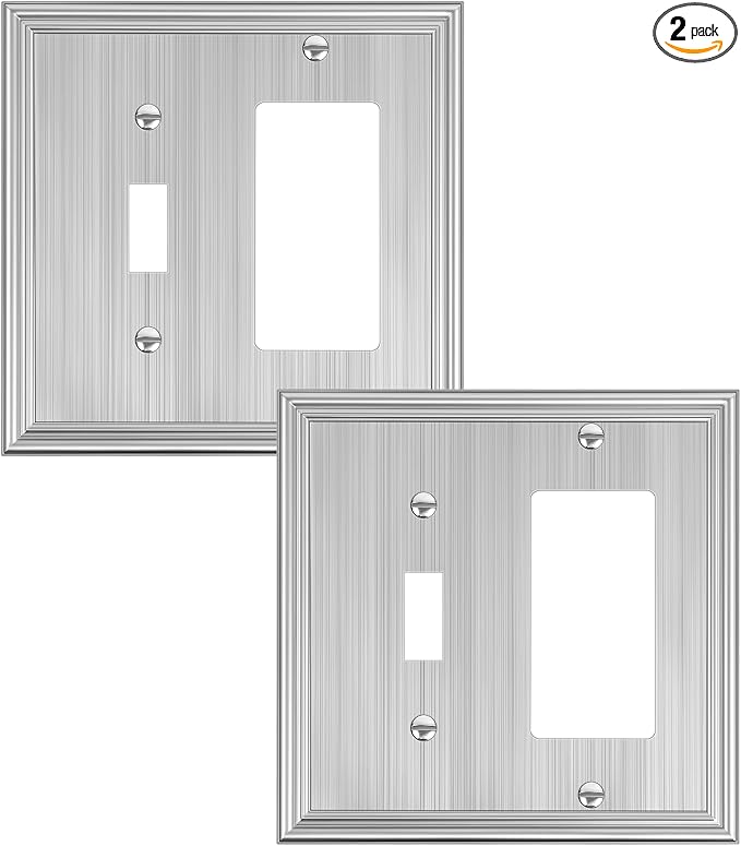 2-Pack Combo Toggle/Decorator Light Switch Cover Plate, Brushed Nickel Decorative Electrical Outlet Covers, Durable Solid Zinc Alloy Wall Switch Plates and Outlet Covers