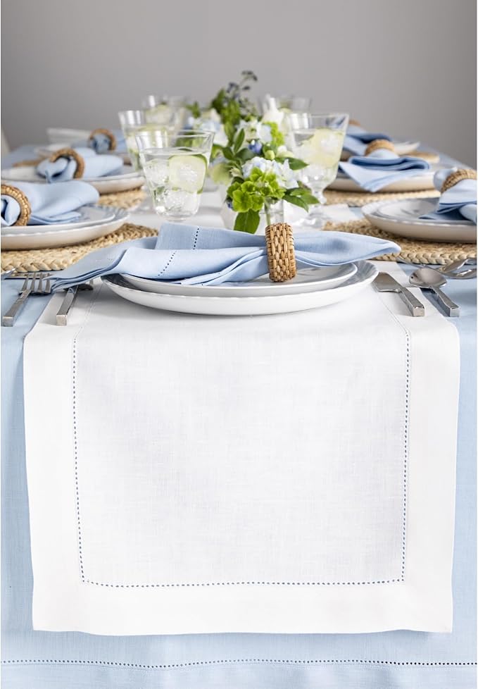 Solino Home 100% Linen Table Runner White, Classic Hemstitch 14 x 108 in | by SolinoHome