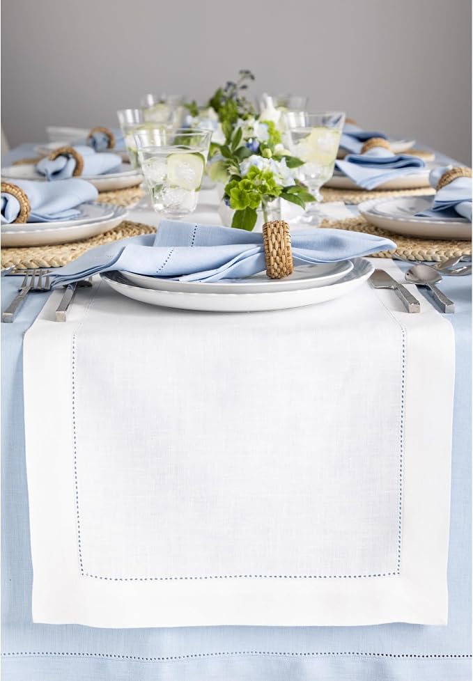 Solino Home 100% Pure Linen Dining Table Runner White Hemstitch, 14 x 90 in | by SolinoHome