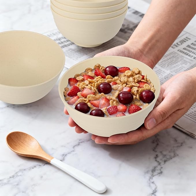 Wheat Straw Bowls Set of 6, 26 OZ Unbreakable Cereal Bowls, Reusable Plastic Bowls for Camping, Dorm, RV, Picnic, Lightweight Salad Soup Bowls, Microwave & Dishwasher Safe, Beige