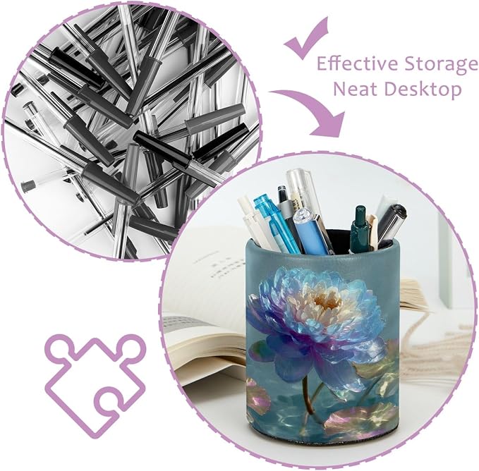Leather Pen Holder for Desk, Water Lily Pencil Cup Pen Organizer Makeup Brush - Image 4