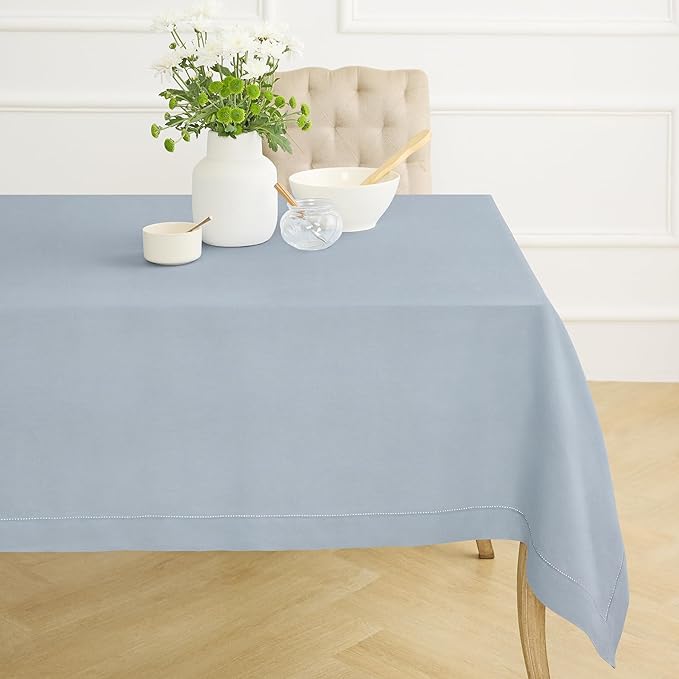 Solino Home Dusty Blue Linen Tablecloth 60 x 90 Inch - 100% Pure Linen Hemstitch Table Cloth for Rectangle Tables - Classic Hemstitch, Machine Washable Tablecloth for Winter, Spring, Easter
