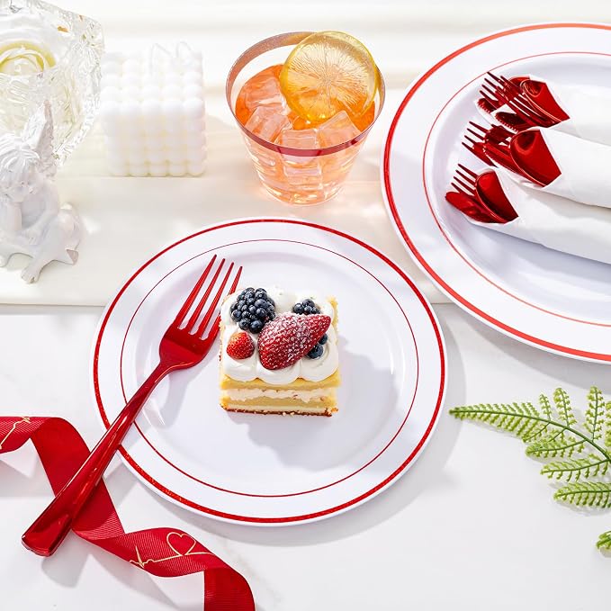 WELLIFE 210 Piece Red Plastic Dinnerware Set, Disposable Plates - Image 3
