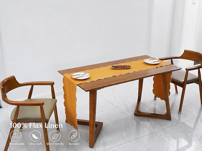100% Natural Linen Rustic Scalloped Embroidery Table Runner 104 Inches Long - Image 2