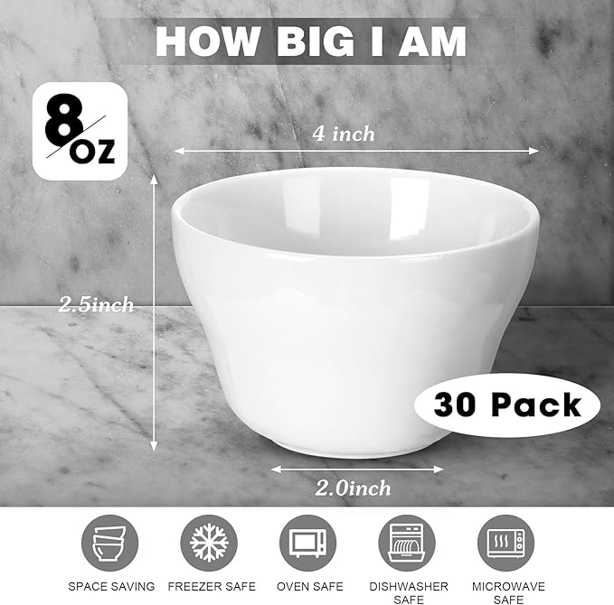 Suclain 30 Pack 8 oz Porcelain Bowls Set Porcelain Soup Cups Small Dessert Bowls Soup and Dip Bowls for Ice Cream Dessert Sauce Dipping Salads Cereal Rice, Microwave and Dishwasher Safe, White
