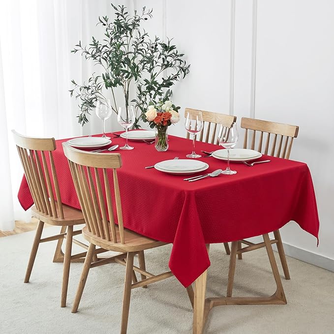 maxmill Rectangle Christmas Tablecloth Weaved Texture Waterproof Spillproof Wrinkle Free Table Cloth, Kitchen Dining Room Decoration, Holiday Party, Banquet Event Dinner, 52 x 70 Inch, Red