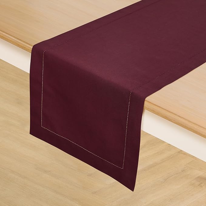 Solino Home Cotton Linen Table Runner Wine, Hemstitch Collection 14 x 72 in | - Image 2
