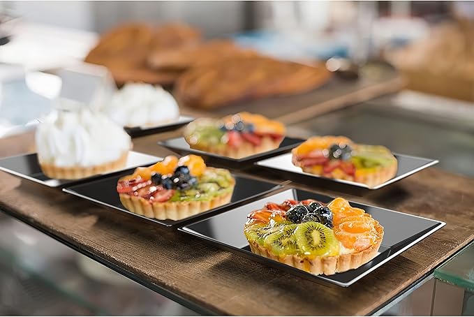 Exquisite Mini Disposable Appetizer Plates - 100 Pack 2.95" x 2.95" Black Plastic Dessert Plates - Elegant Design for Weddings, Birthdays, and Formal Parties - Stackable and Convenient - BPA Free
