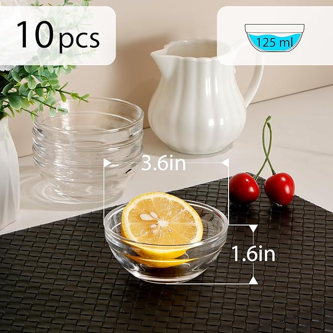 Mini Glass Bowls, 3.5in 4oz Small Prep Bowl, 10 pcs Stackable Pinch Bowls for Dipping Spices Sauce