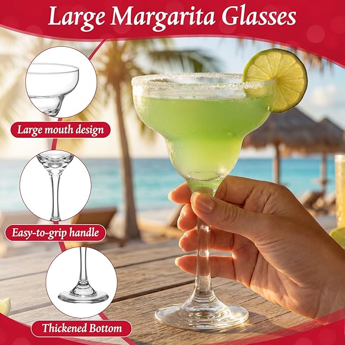 Maxdot 12 Set 12 oz Large Margarita Glasses with Metal Cocktail Picks Crystal Stemmed Martini Cocktail Glass Bulk Clear Daiquiri Margarita Cups for Home Parties Wedding Pina Coladas Frozen Drinks