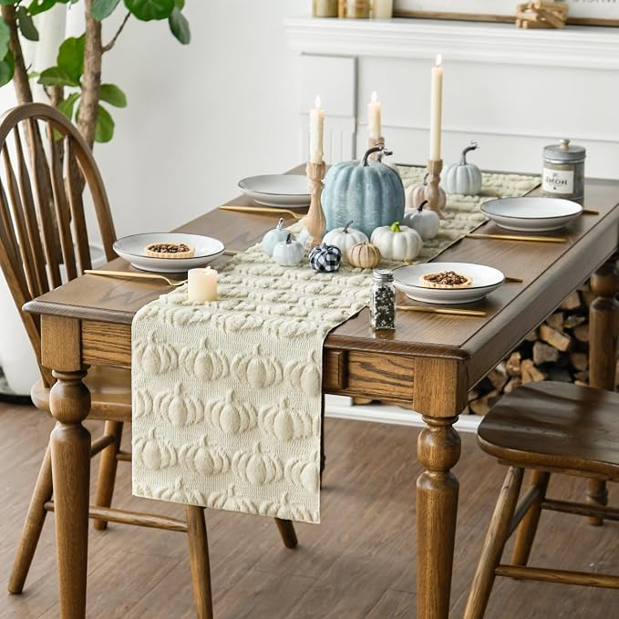 Artoid Mode Beige Soft Faux Fur Pumpkins Fall Table Runner 13x90 Inch | - Image 3