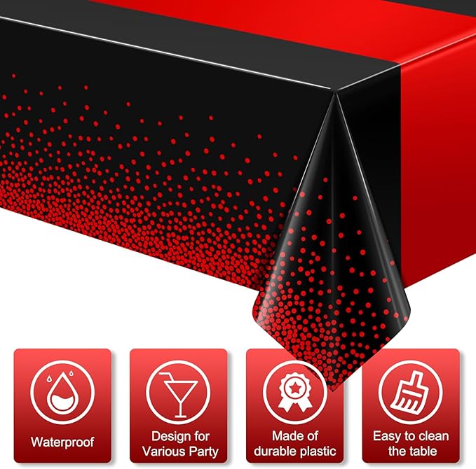 MASHAN 1Pcs Black and Red Tablecloth Party Decorations, Plastic Black Table - Image 3