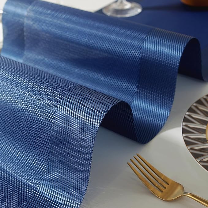 Vinyl Placemats Set of 6 Vinyl Heat-Resistant Table Mats with Matching a Same-Style 72 inches Table Runner (7pcs,Blue)