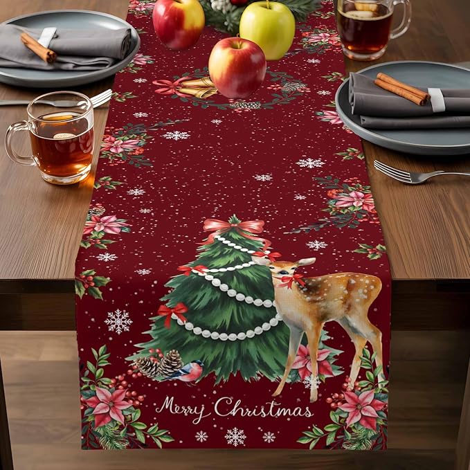 Christmas Reindeer Short Table Runners 48 Inches, Cotton Linen Fabric Red Table - Image 7
