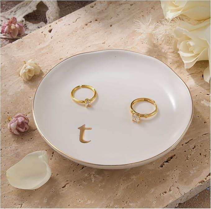 Lolalet Handmade Ceramic Ring Dish Jewelry Tray Plate with Initial, Small Monogram Gift for Her Women Girls Mother, Hostess, Engagement, Bridal Shower, Maid of Honor, Bridesmaid, Birthday, Christmas