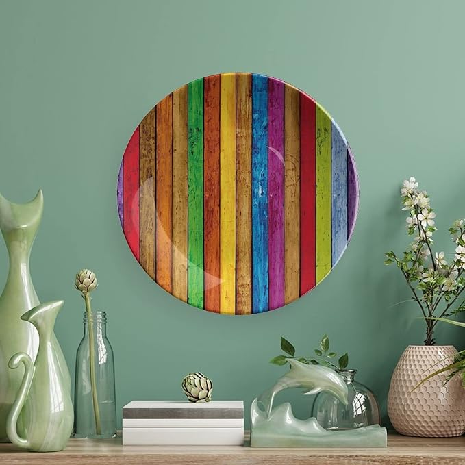 Ceramic Display Plate, Abstract Ceramic Hanging Decorative Plate, Vibrant Wooden Artistic Cheerful Art Rainbow Image, 6 Inch, Household Custom Ceramic Plate, Multicolor
