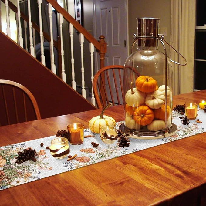Fall Windflowers Pumpkin Table Runners 72 Inches Long, Cotton Linen Fabric - Image 4