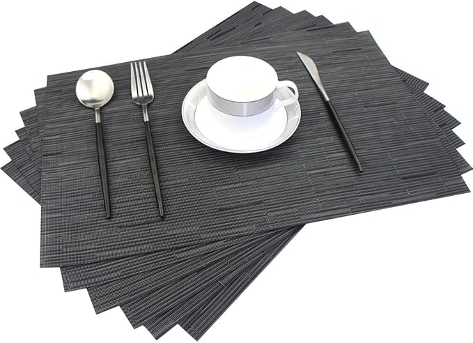 Placemats for Dining Table Washable Woven Vinyl Placemats Heat-resistand Table Dinner Placemats Set of 6 (Black)