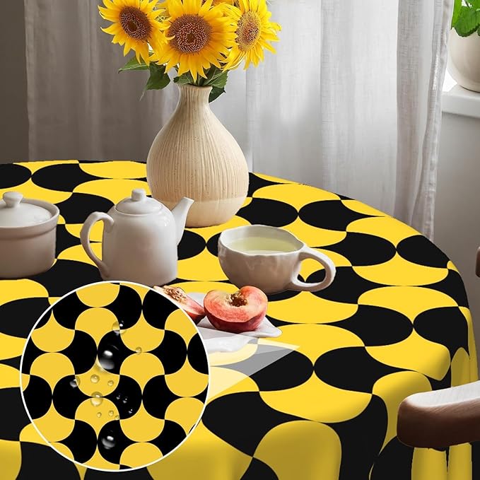 Laeacco 24 Inch Geometric Round Tablecloth Black and Gold Abstract Pattern Modern Art Print Table Cloth Washable Waterproof Wrinkle Free Table Cover for Kitchen Dining Picnic Party Decoration