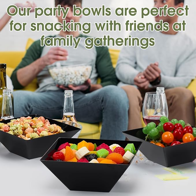 Tioncy 30 Pcs Square Plastic Serving Bowls, Medium Salad Fluted Plastic 35 oz Disposable Serving Bowls Containers for Parties, Snack, Buffet, Chips(Black,Classic)