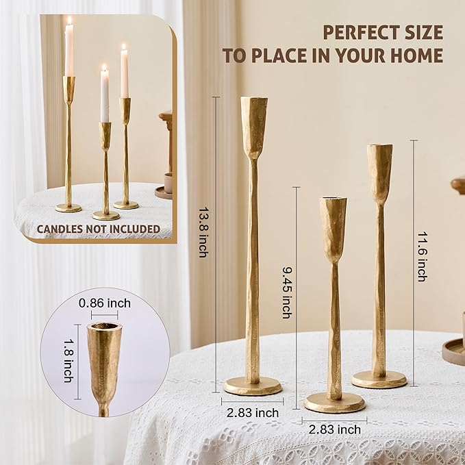 Cast Iron Taper Candle Holder Set of 3, Heavyweight Tall Candlestick Holders, Antique Gold, for Fireplace Mantle & Dining Table, Versatile Decor for Wedding, Holiday, Home & Christmas