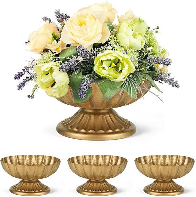 Set of 4, 7'' Wide 3.94'' High Distressed Gold Compote Pedestal Vases, Vintage Antique Urn Gold Flower vases for Centerpieces, Metal Compote Bowl Vase for Wedding Centerpieces