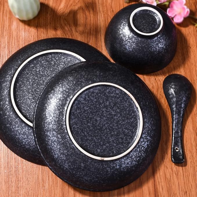 4-Piece Ceramic Dinnerware Set, Plate, Dish, Bowl, Spoon, Japanese Hand-painted Tableware set, A Good Tableware (Black)