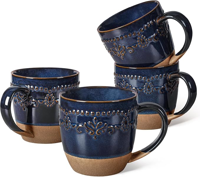 Artena Ceramic Coffee Mugs Set of 4, 16oz Embossed Large Latte Mugs Coffee Cups by Artena