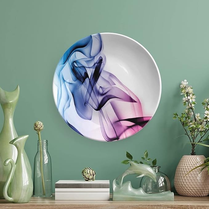 Ceramic Display Plate, Abstract Decor Ceramic Hanging Decorative Plate, Colorful Smoke Dynamic Flow Swirl Contemporary, 10 Inch, Living Room Kitchen Decoration Household, Fuchsia Blue