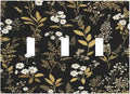 Light Switch Cover Black/Gold Boho Botanical Floral Rustic Flowers 3 Gang Wall Plate Triple Light Switch Plate Toggle Decorative Outlet Covers Electrical Switchplate for Bathroom Kitchen Decor