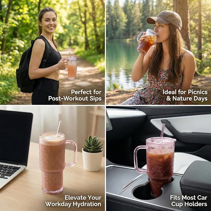 20 oz Pink Glass Tumbler with Lid and Straw, Glass Iced Coffee Cups, - Image 6