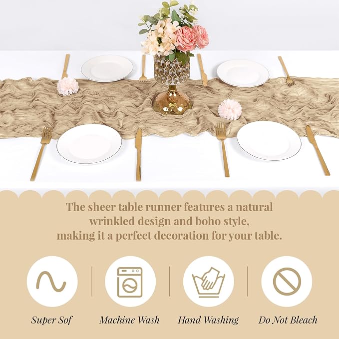 3 Pack Beige Cheesecloth Table Runner, 17 x 108 Inch, Gauze Cheese Cloth Table - Image 5