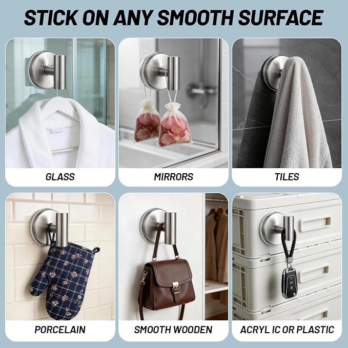 15 lb Suction Cup Hooks for Shower, Stainless Steel Bath Towel Hooks | - Image 3