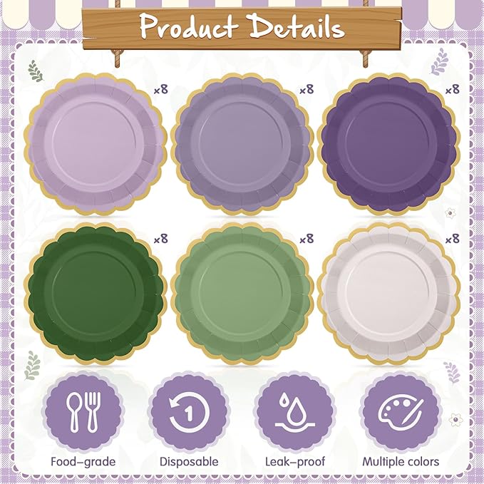 48 Pcs Sage Green Purple Paper Plates 9 Inch Lavender Scalloped Paper Disposable Dinner Dessert Plates for Birthday Wedding Bridal Party Supplies, 6 Colors