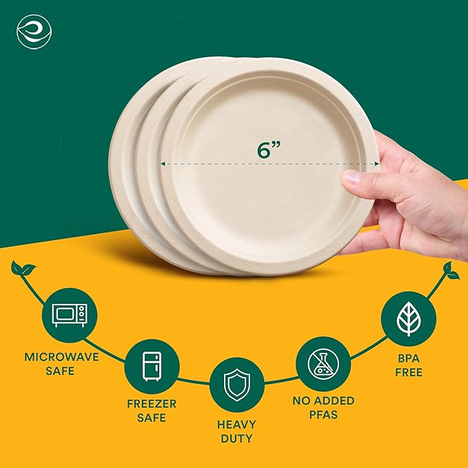 ECO SOUL Compostable Paper Plates 6 Inch (1000 Count) Plates for Dessert, Heavy Duty, Eco-Friendly Sugarcane Bagasse Small Plates For Appetizer- Natural Brown