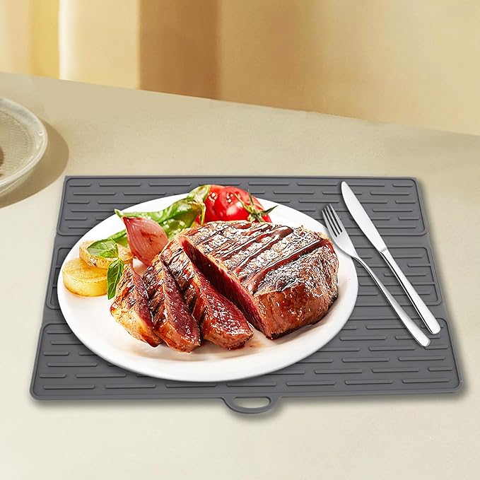 Klyrnd Silicone Dish Drying Mat - Extral Large 20.8" x 15.7" - Heat Resistant Silicone Trivet, Countertop Mat, Dish Draining Mat, Sink Mat, Easy to Clean Foldable Non Slip Dry Pad (Gray)