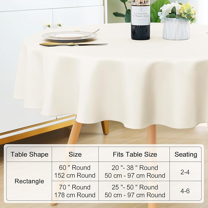 Smiry Round Table Cloth, Waterproof Anti-Scratch Polyester Tablecloth, Decorative Washable Fabric Table Cover for Dining, Buffet, Parties and Outdoor, 60x60, Beige